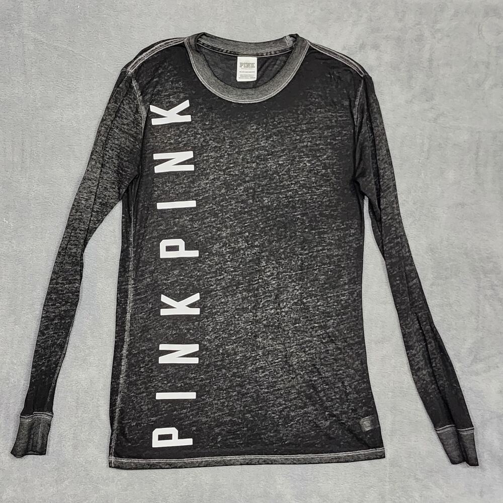 Pink Victoria Secrets Burnout Tee Shirt‎ Long Sleeve Dark Gray Black XS